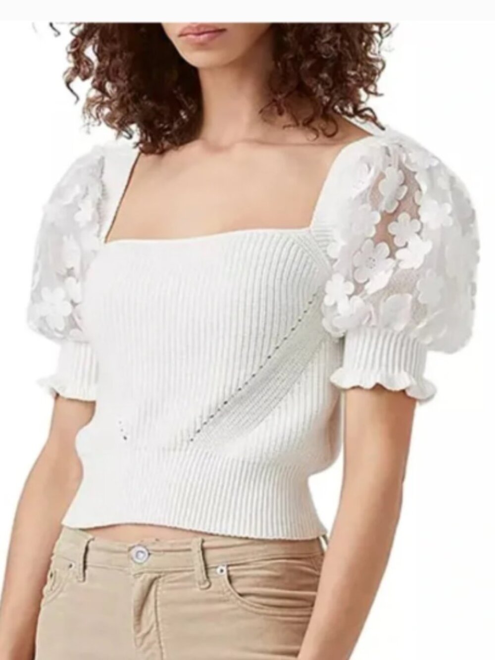 French Connection White Knit Top with Floral Sheer Puff Sleeves NWT S